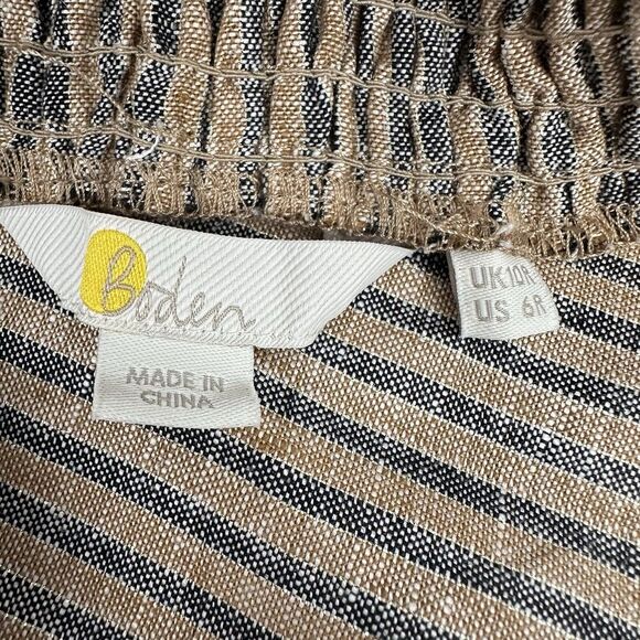Boden Linen Shirred Waist Trousers Wide Leg Women 6R Camel Black Stripe Pull On - Picture 9 of 16